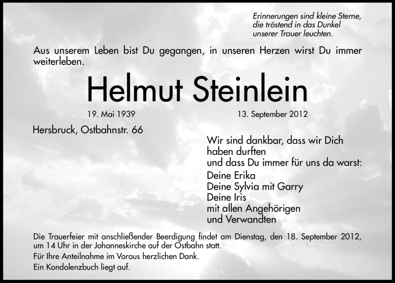 Traueranzeige für Helmut Steinlein vom 17.09.2012 aus Pegnitz-Zeitung